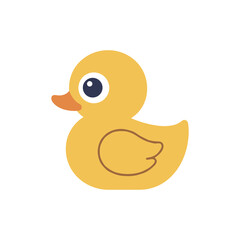 Cute flat vector illustration of a yellow duck with orange beak and wing detail, cartoon farm animal isolated