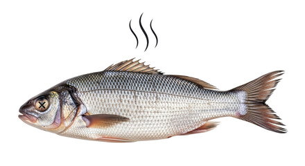 Isolated, cooked fish has steam above it, with an x over one eye and laid on its side