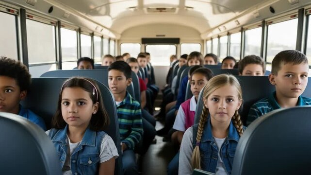 Children on school bus are ready for school, inside kids travel to study. School bus ride is part of their daily education routine, making school bus a safe way to transport children.