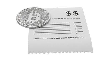 Isolated cryptocurrency Bitcoin resting on receipt or bill of sale, retail purchase record