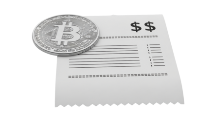 Isolated cryptocurrency Bitcoin resting on receipt or bill of sale, retail purchase record