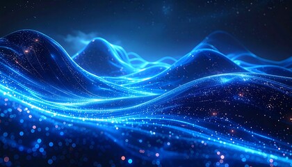 Abstract artwork showcasing flowing, luminous blue lines and particles resembling waves. It evokes the sensation of energy and vastness, with a starry backdrop