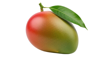 Isolated ripe mango fruit with green leaf showing vibrant colors and smooth texture on skin