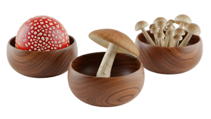 Three wooden bowls, each containing a different mushroom.  A red spotted mushroom in one, a brown capped mushroom in another, and several small, light brown mushrooms in the third
