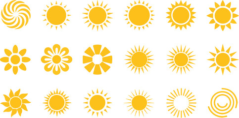 Vector art of collection of sun icons, in various styles