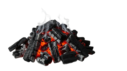 Burning charcoal briquettes, smoke rising