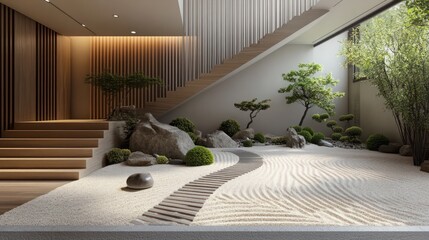Serene under-stair Zen garden with raked sand, smooth stones, and bonsai trees for a tranquil vibe