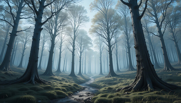 Pale mysterious forest in cold tones with tall straight trees and ground fog perfect for suspense fantasy scenes and cinematic mystery posters. - Powered by Adobe
