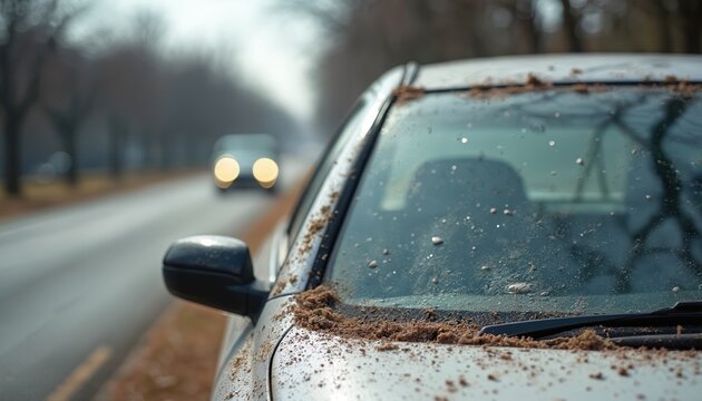 Silver car covered with bird droppings parked on roadside. Windshield soiled. Road traffic, vehicle parked on side. City life scene. Transport, driving auto. Dirty transport, environmental, nature - Powered by Adobe