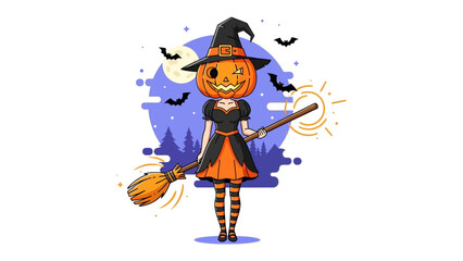 Spooky Witch Illustration: A whimsical illustration of a charming witch character, adorned with a pumpkin head, and wielding a magical broom amidst a bewitching Halloween scene.