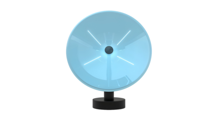 Light blue parabolic dish with central dark circle and glowing lines isolated on a transparent background
