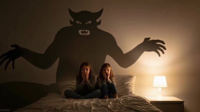 Shadow monster on wall creates fear for children in bed. This children's fear is amplified by their terrified expressions and a looming shadow monster illustration.