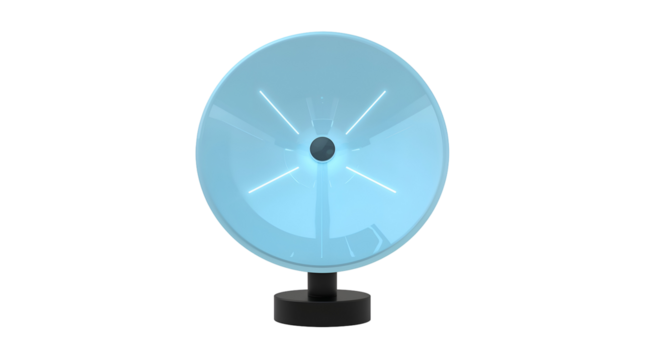Light blue parabolic dish with central dark circle and glowing lines isolated on a transparent background
