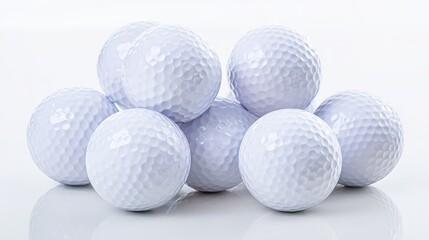 A close-up arrangement of golf balls on a white background, showcasing minimalist sports aesthetics. event key visuals, club posters, designed for sports event promotions and stadium branding.