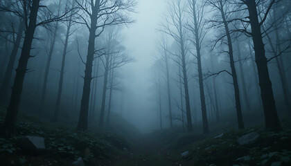 Obraz premium Dark misty forest with tall trees fading into fog for horror, mystery, and dramatic fantasy storytelling compositions.