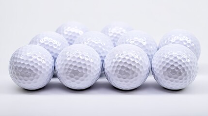 A close-up arrangement of golf balls on a white background, showcasing minimalist sports aesthetics. event key visuals, club posters, designed for sports event promotions and stadium branding.