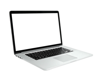 Sleek silver laptop angled slightly, displaying a blank white screen, showcasing its keyboard and trackpad
