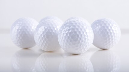 A close-up arrangement of golf balls on a white background, showcasing minimalist sports aesthetics. event key visuals, club posters, designed for sports event promotions and stadium branding.