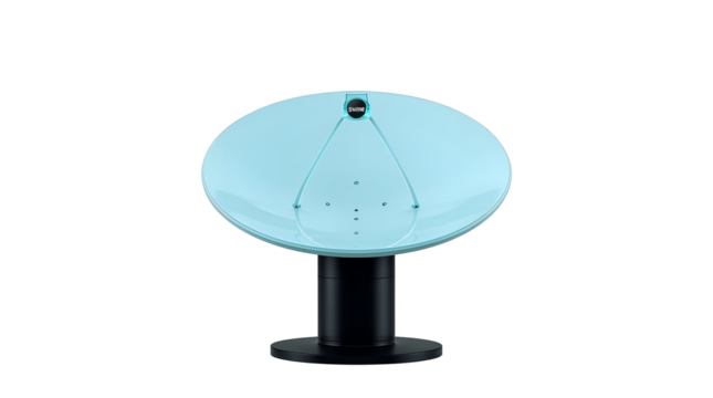 Light blue satellite dish with black base and logo isolated on a transparent background - Powered by Adobe