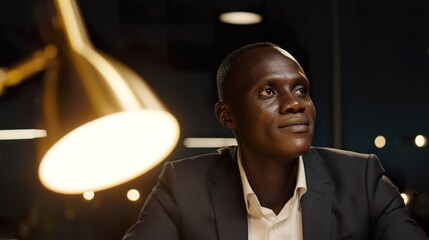 A focused African businessperson working late in a modern office illuminated by a desk lamp. pitch deck slides, case study pages, designed for brand storytelling and e-commerce strategy.