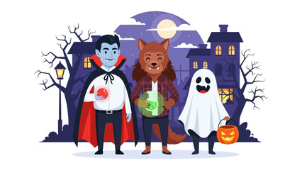 Enchanting Halloween Trio: A whimsical illustration captures the essence of Halloween night, featuring a vampire, werewolf, and ghost ready for trick-or-treating amidst a spooky town. 