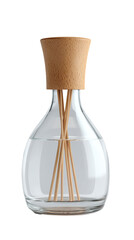 Clear glass diffuser with a light beige wooden stopper and wooden sticks