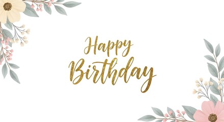 Obraz premium Floral Happy Birthday Card with Gold Glitter Text and Pastel Flowers – Elegant Greeting Illustration Design
