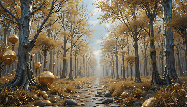 Golden enchanted forest with glowing mushrooms and surreal light beams suitable for fairytale scenes, fantasy games, and magical wallpapers.
