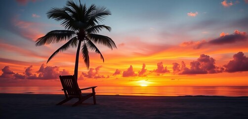 Vibrant tropical sunset, silhouetted palm tree, empty beach chair on sandy beach, pink, beach chair