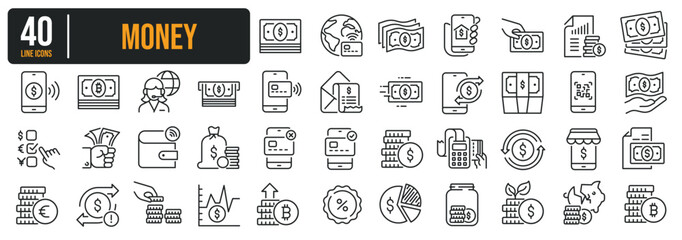 Set of collection thin line icons related Money, Payment, Finance. The icon can be used for website, infographic, user interface, app, banner, logo, brochure etc transparent background