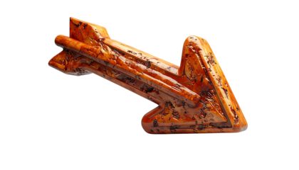 A stylized, bronze-colored arrow pointing diagonally left, exhibiting a textured, aged, or weathered appearance.  The arrowhead and shaft show intricate details suggestive of ancient craftsmanship