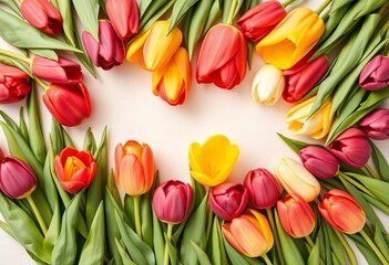 Obraz premium Vibrant tulips arranged in a flat lay, showcasing their colorful blooms, macro, tulips