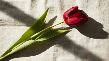 A single red tulip in full bloom rests on beige linen, surrounded by soft shadows and negative space. gardening catalogs, home-decor guides, designed for home decor and floral branding.