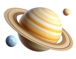 A detailed rendering of Saturn, its prominent rings, and two smaller celestial bodies, possibly moons, against a black background.  The planet's atmosphere shows subtle banding