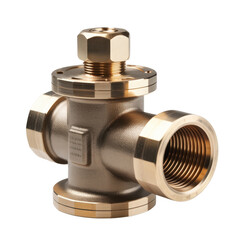 Detailed close up of a brass plumbing valve with threaded connections isolated on transparent background