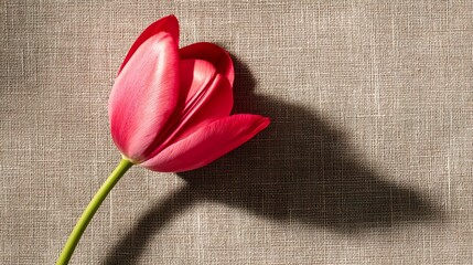 A single red tulip in full bloom rests on beige linen, surrounded by soft shadows and negative space. gardening catalogs, home-decor guides, designed for home decor and floral branding.