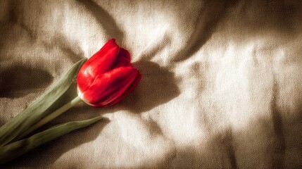 A single red tulip in full bloom rests on beige linen, surrounded by soft shadows and negative space. gardening catalogs, home-decor guides, designed for home decor and floral branding.
