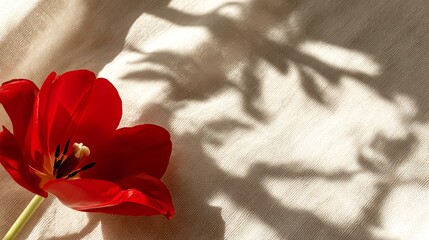 A single red tulip in full bloom rests on beige linen, surrounded by soft shadows and negative space. gardening catalogs, home-decor guides, designed for home decor and floral branding.