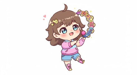 可愛い女の子 カラフルなタンバリン演奏 幸せな光輝く笑顔. AI Generated