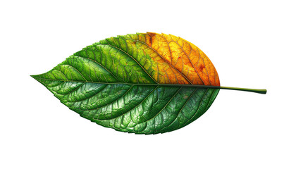 A single leaf, bisected, showing vibrant green on one half and transitioning to yellow and orange on the other, against a black background
