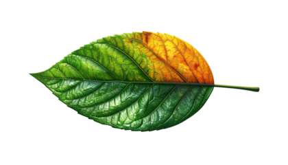A single leaf, bisected, showing vibrant green on one half and transitioning to yellow and orange on the other, against a black background