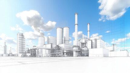 Obraz premium Minimalistic line drawing of industrial power plant featuring smokestacks, cooling towers, and various structures blue sky with clouds