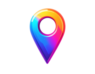 A vibrant, glossy map pin icon with a gradient color scheme transitioning from yellow-orange to blue-pink, featuring a sleek, modern design