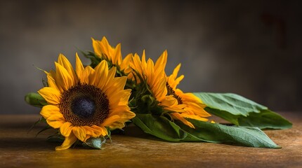Rustic close-up of sunflower arrangement on a wooden surface with warm natural light. gardening catalogs, home-decor guides, designed for gardening and botanical catalogs.