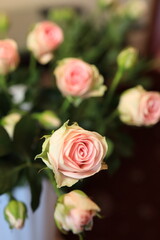 Delicate pink roses are beautifully arranged in a bouquet, gathering attention with their soft petals and vibrant greenery. The cozy indoor space provides a warm backdrop for this floral display.