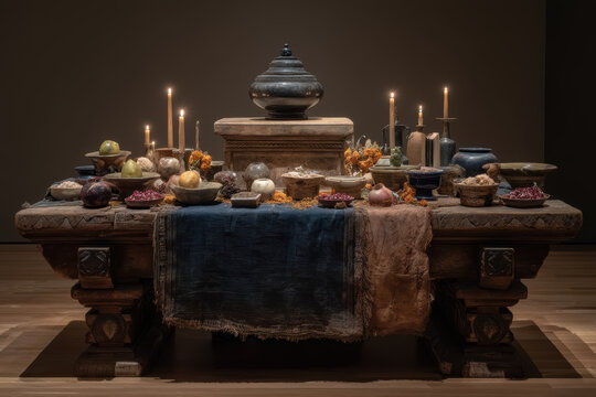 Hyper-realistic animation of an ancestral altar still life on a stone table with candles, incense and earthenware