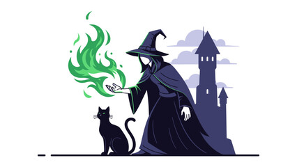 Mystic Sorcerer: The mysterious sorcerer conjures green magic, accompanied by a black cat and a silhouette castle, the image whispers of the supernatural and the arcane. 