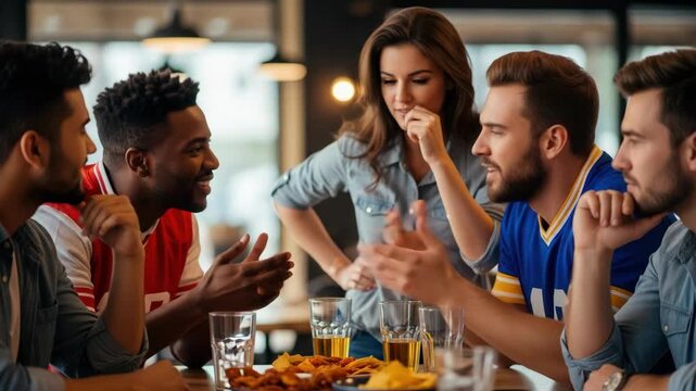 Diverse friends group at pub with snacks. Diverse friends group enjoy drinks, pretzels, and socializing at bar, sharing stories and camaraderie. - Powered by Adobe