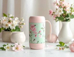 Green thermic mug in pink floral pattern on light pastel background. 
