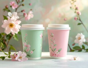 Two green and pink paper coffee cup in floral pattern on light pastel background. 